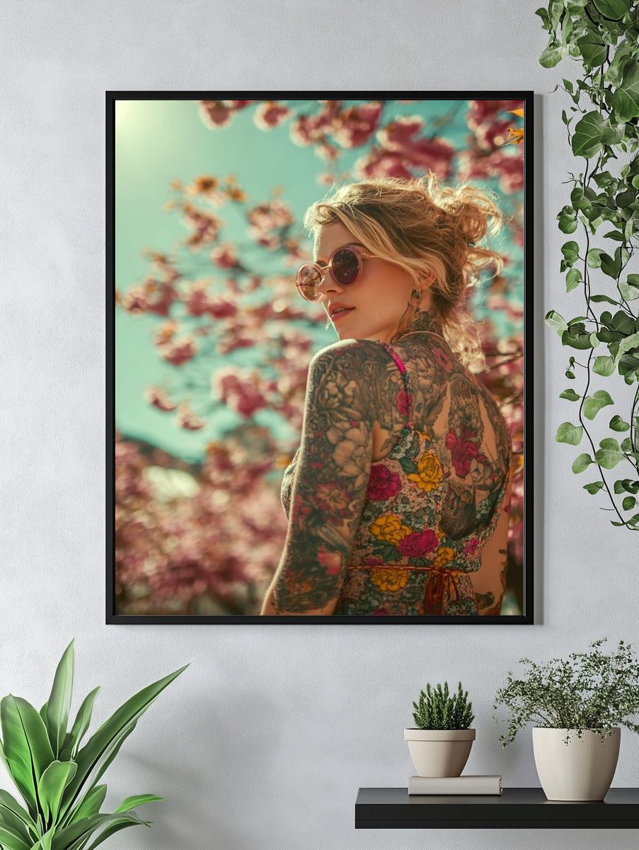 Tattooed Woman in Blossoms Photography Poster. — room view 4