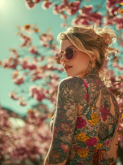 Tattooed Woman in Blossoms Photography Poster. poster print