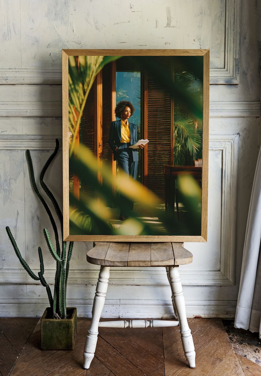 Elegant Woman in Sunlit Interior Poster. — room view 1