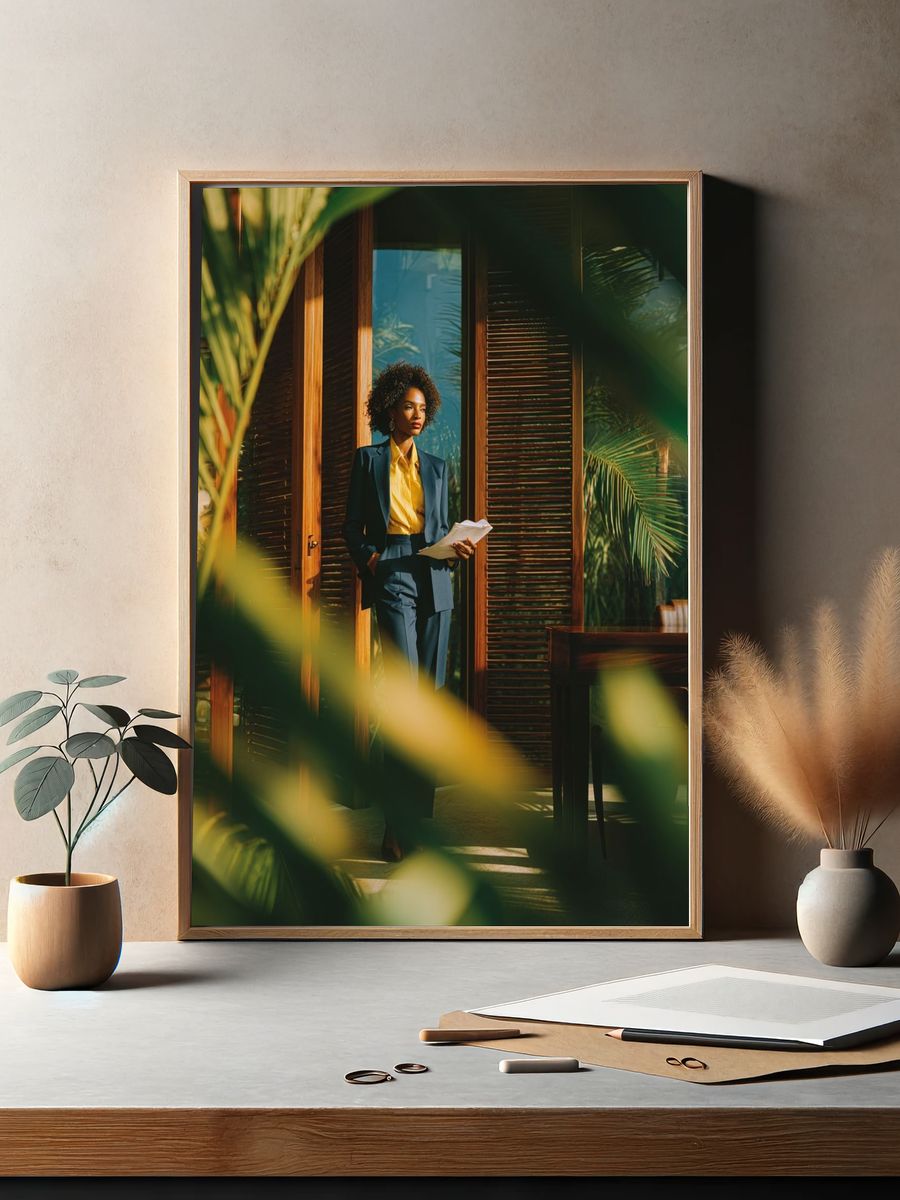 Elegant Woman in Sunlit Interior Poster. — room view 2