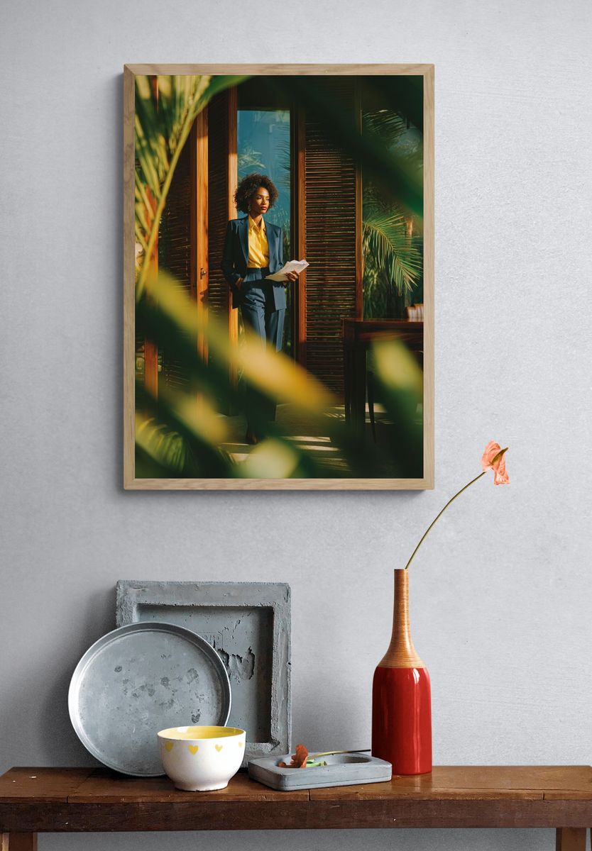 Elegant Woman in Sunlit Interior Poster. — room view 3