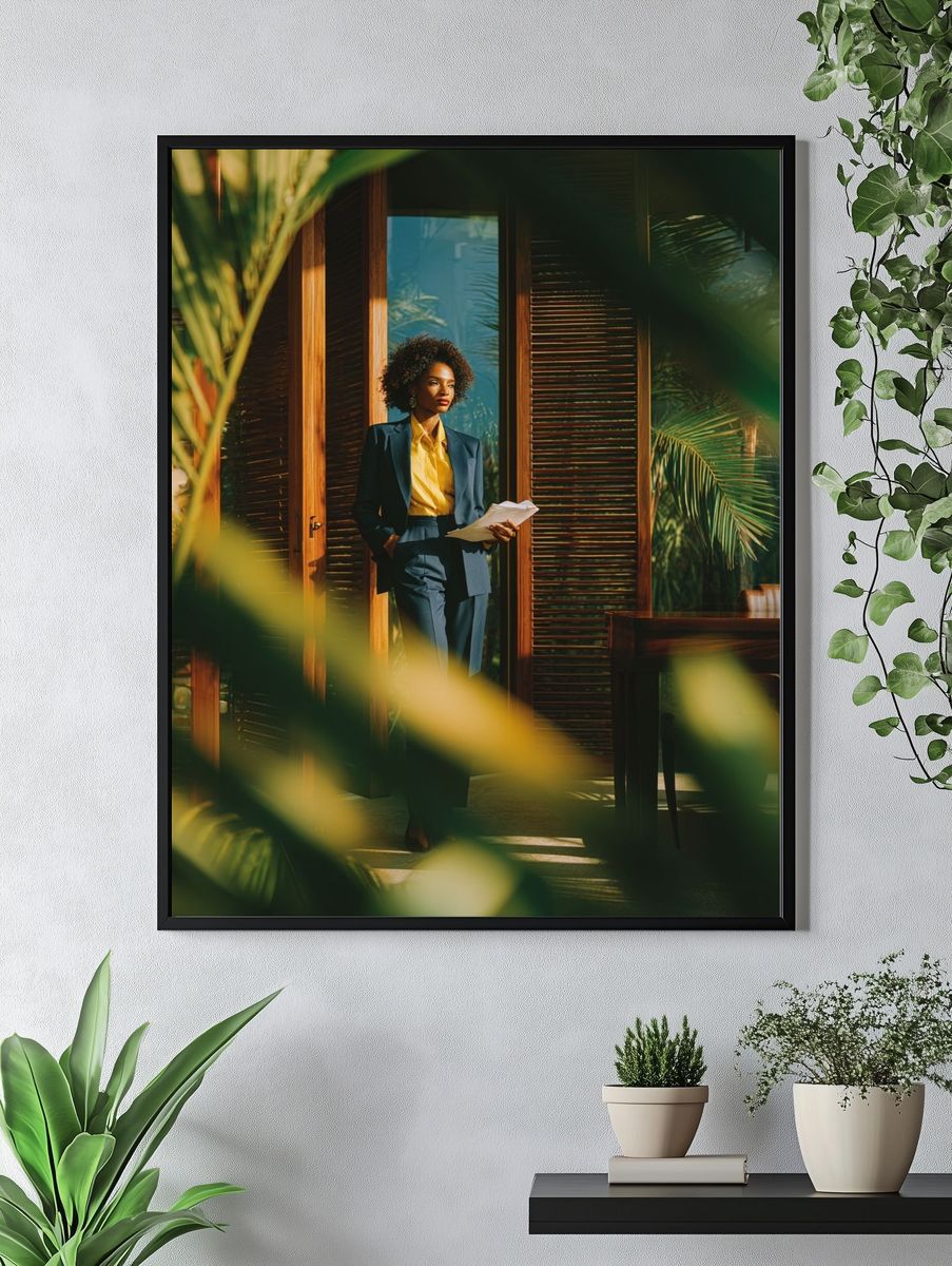 Elegant Woman in Sunlit Interior Poster. — room view 4