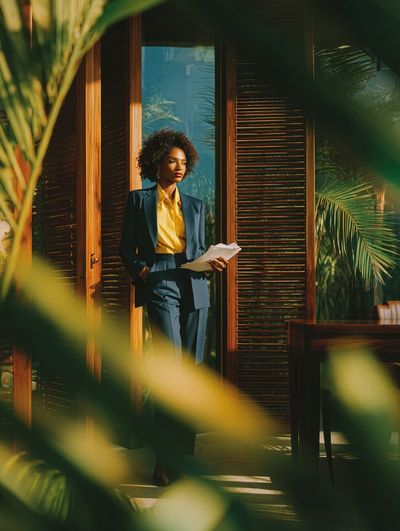 Elegant Woman in Sunlit Interior Poster. poster
