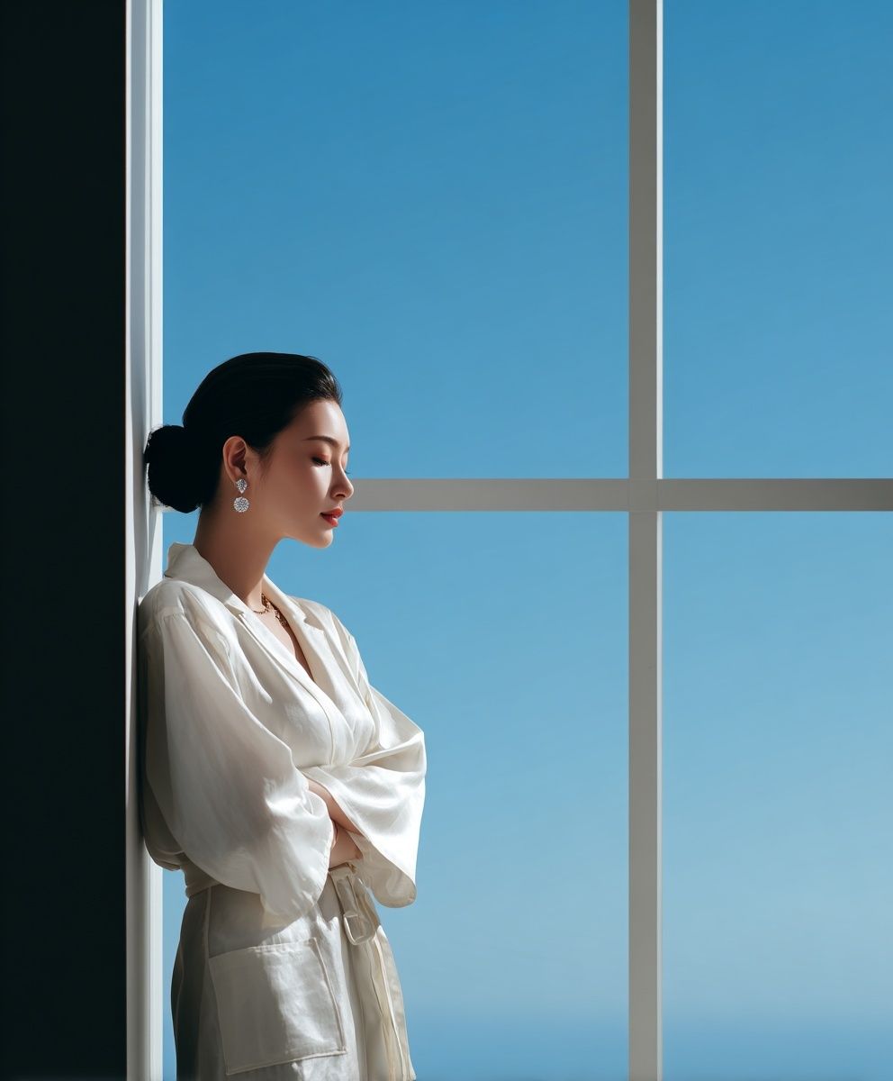 Serene Woman by Window Photography Poster. poster detail