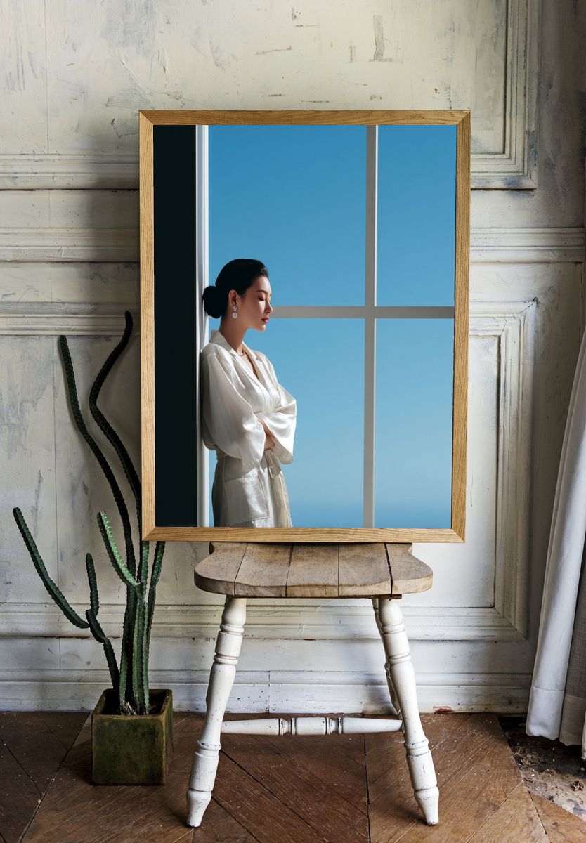 Serene Woman by Window Photography Poster. — room view 1