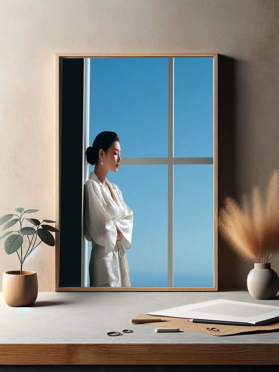 Serene Woman by Window Photography Poster. — room view 2