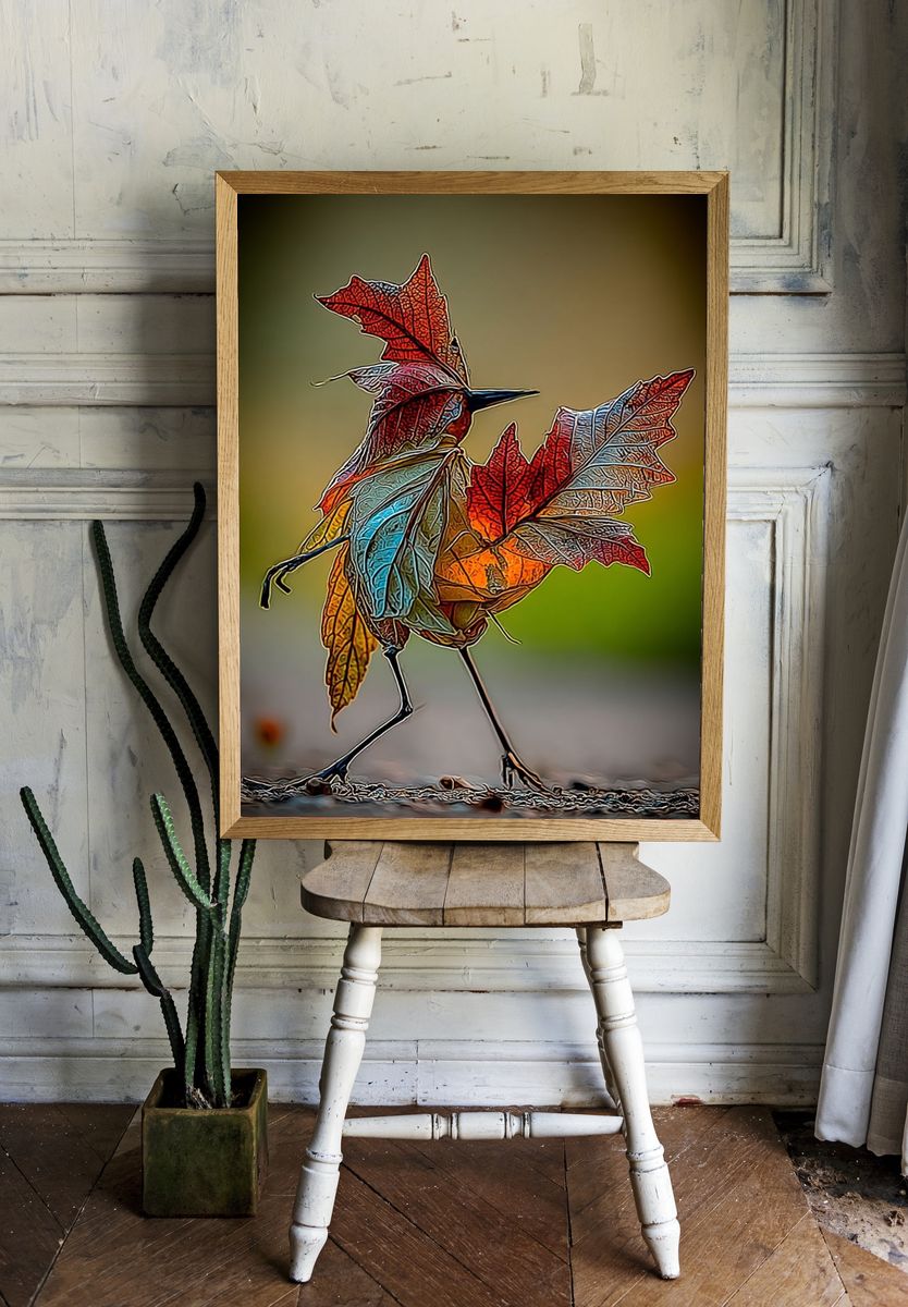 Colorful Leaf Bird Photography Poster. — room view 1