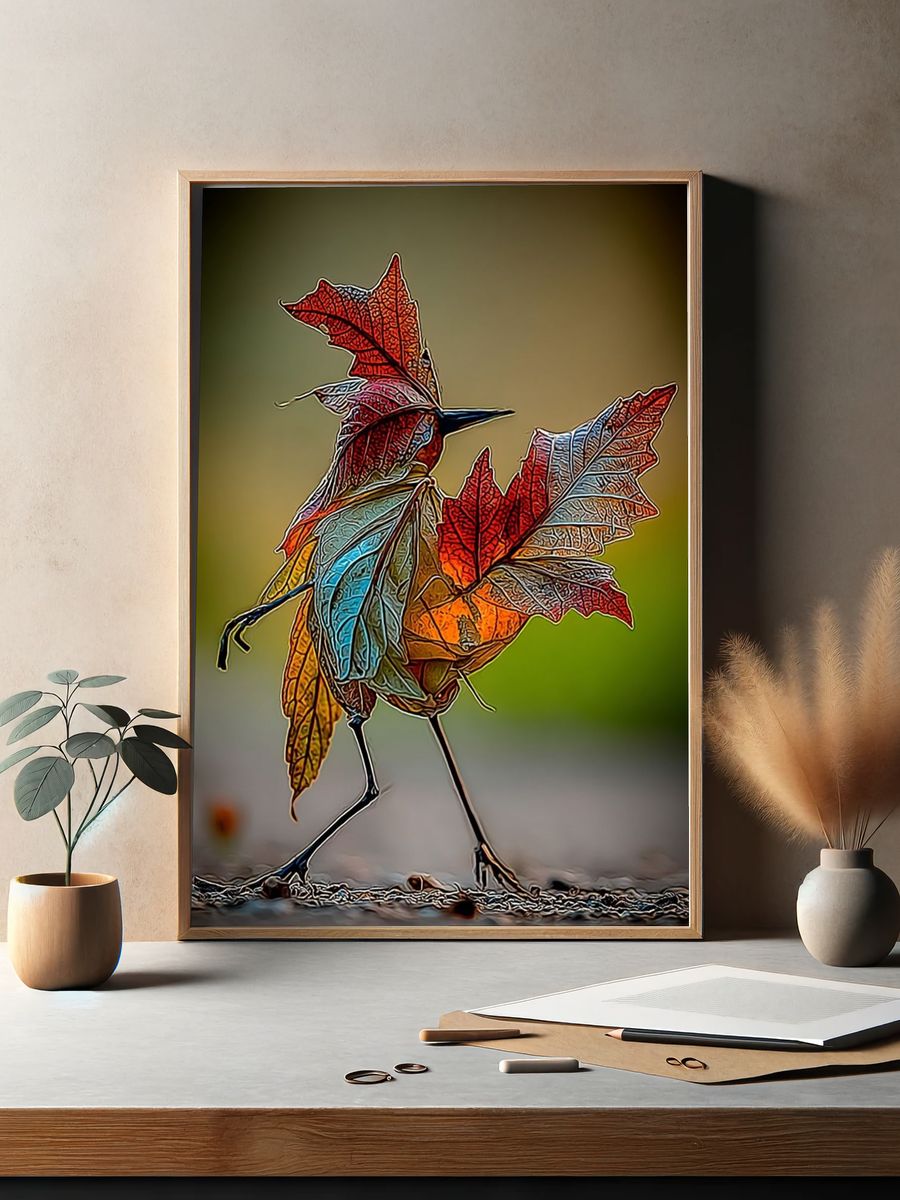 Colorful Leaf Bird Photography Poster. — room view 2