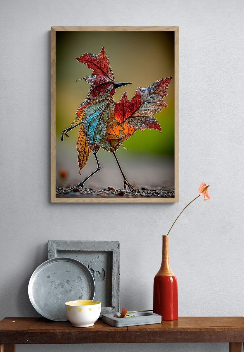 Colorful Leaf Bird Photography Poster. — room view 3