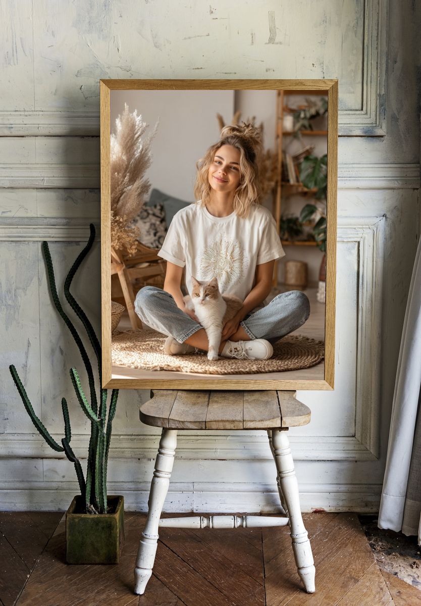 Cozy Boho Cat Portrait Print. — room view 1
