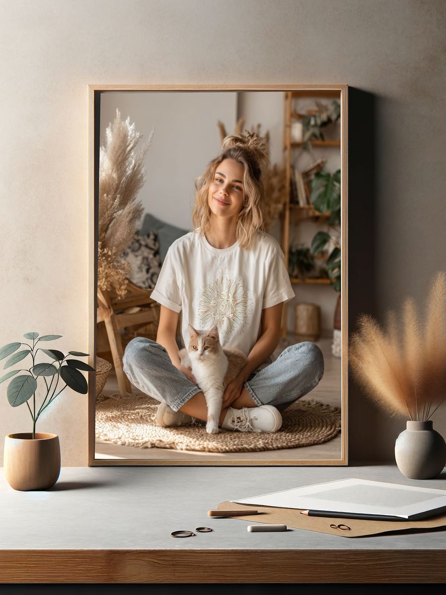 Cozy Boho Cat Portrait Print. — room view 2
