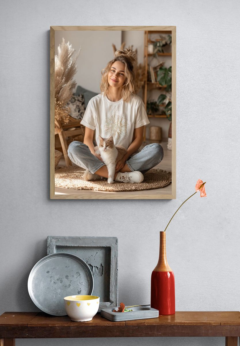 Cozy Boho Cat Portrait Print. — room view 3