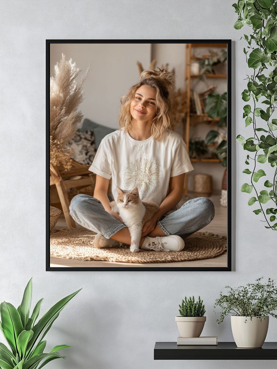 Cozy Boho Cat Portrait Print. — room view 4