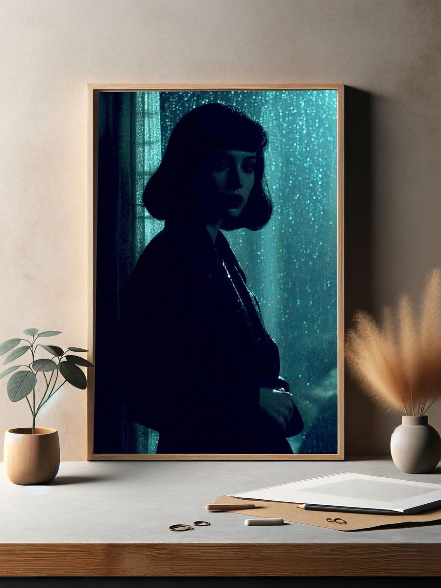 Moody Woman in Rain Photography Poster. — room view 2
