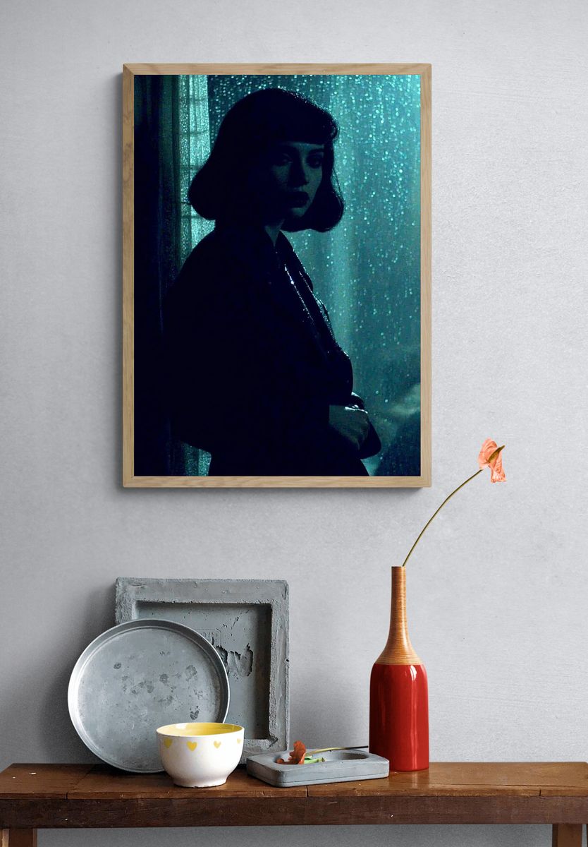Moody Woman in Rain Photography Poster. — room view 3