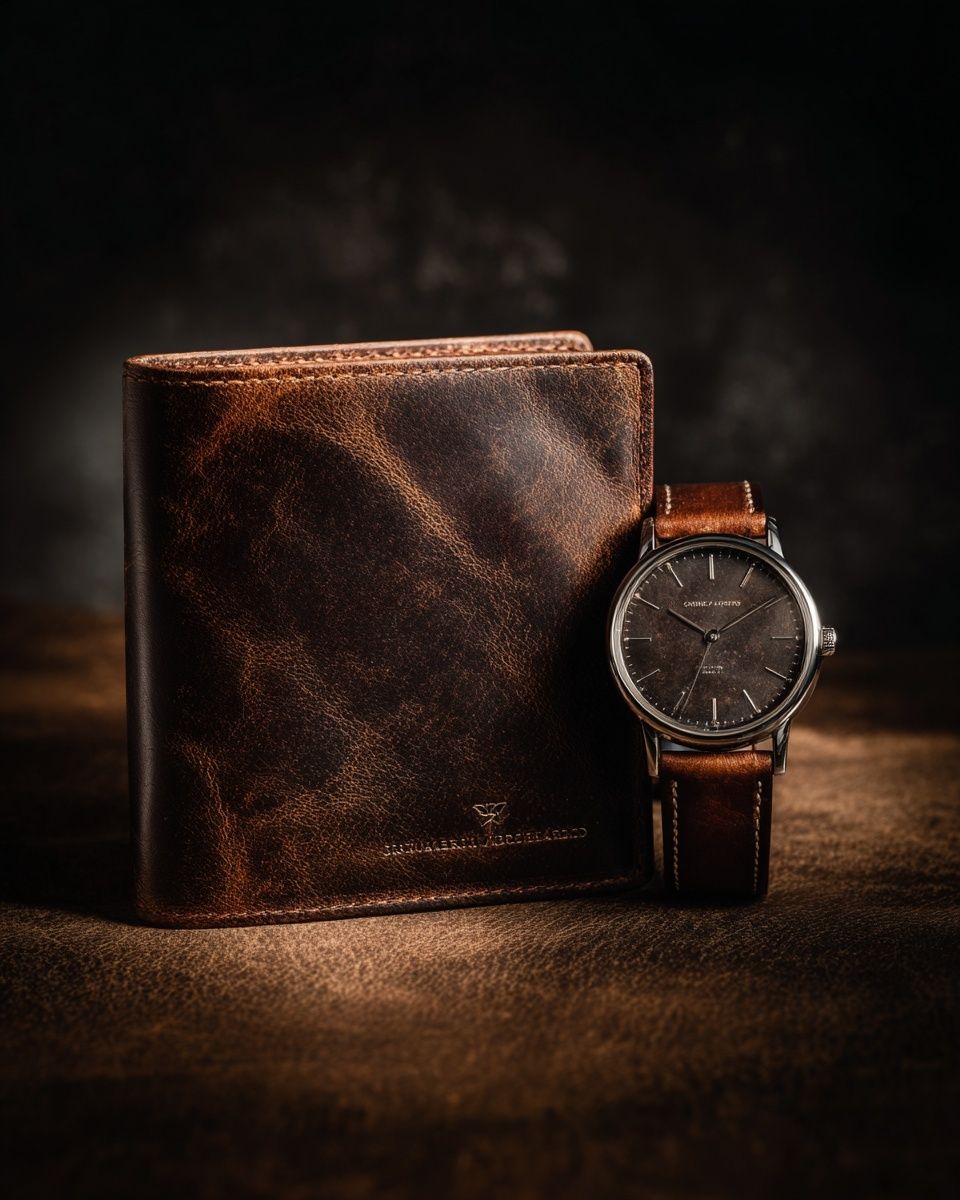 Leather Wallet and Watch Still Life Poster. poster detail