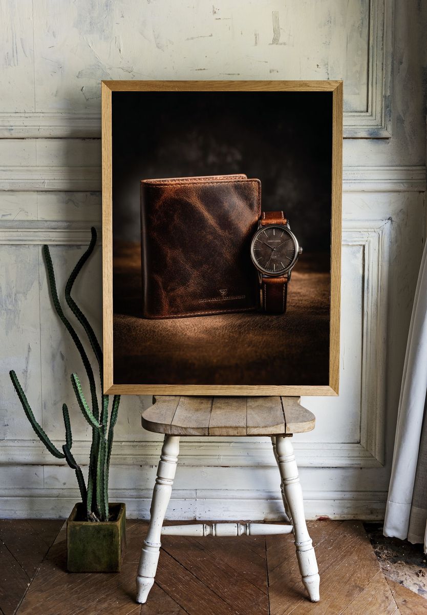 Leather Wallet and Watch Still Life Poster. — room view 1
