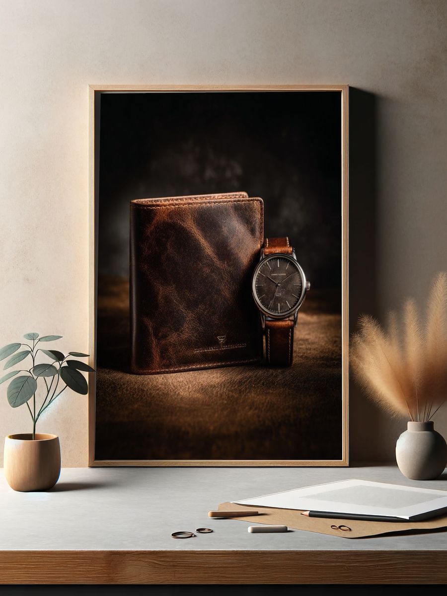 Leather Wallet and Watch Still Life Poster. — room view 2