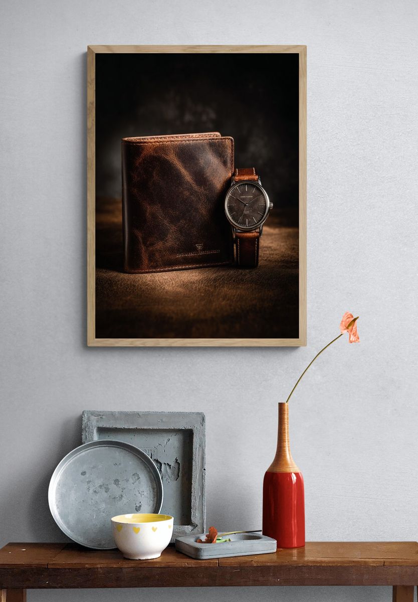 Leather Wallet and Watch Still Life Poster. — room view 3