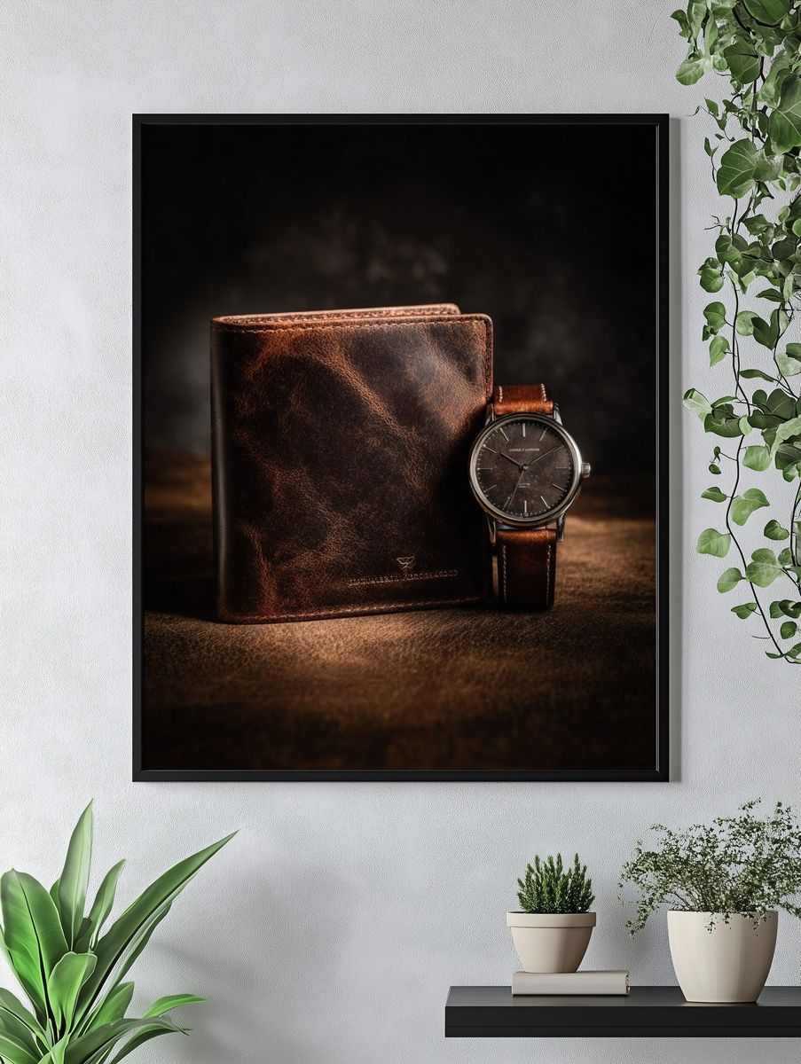 Leather Wallet and Watch Still Life Poster. — room view 4