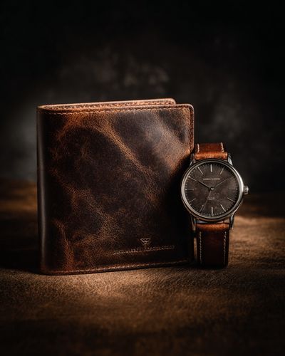 Leather Wallet and Watch Still Life Poster. poster print