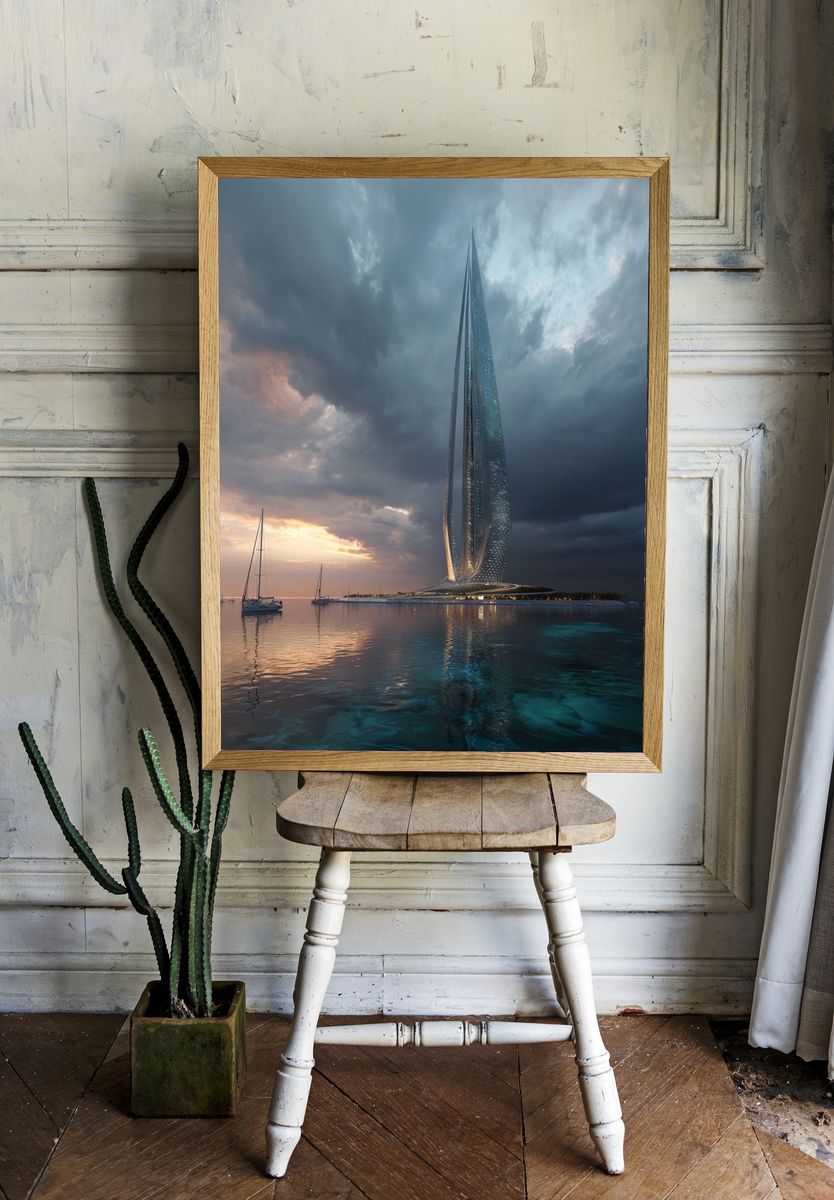 Futuristic Seaside Tower Photography Poster. — room view 1