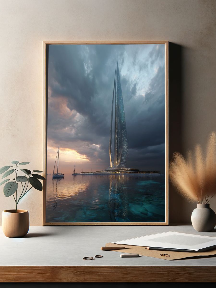 Futuristic Seaside Tower Photography Poster. — room view 2