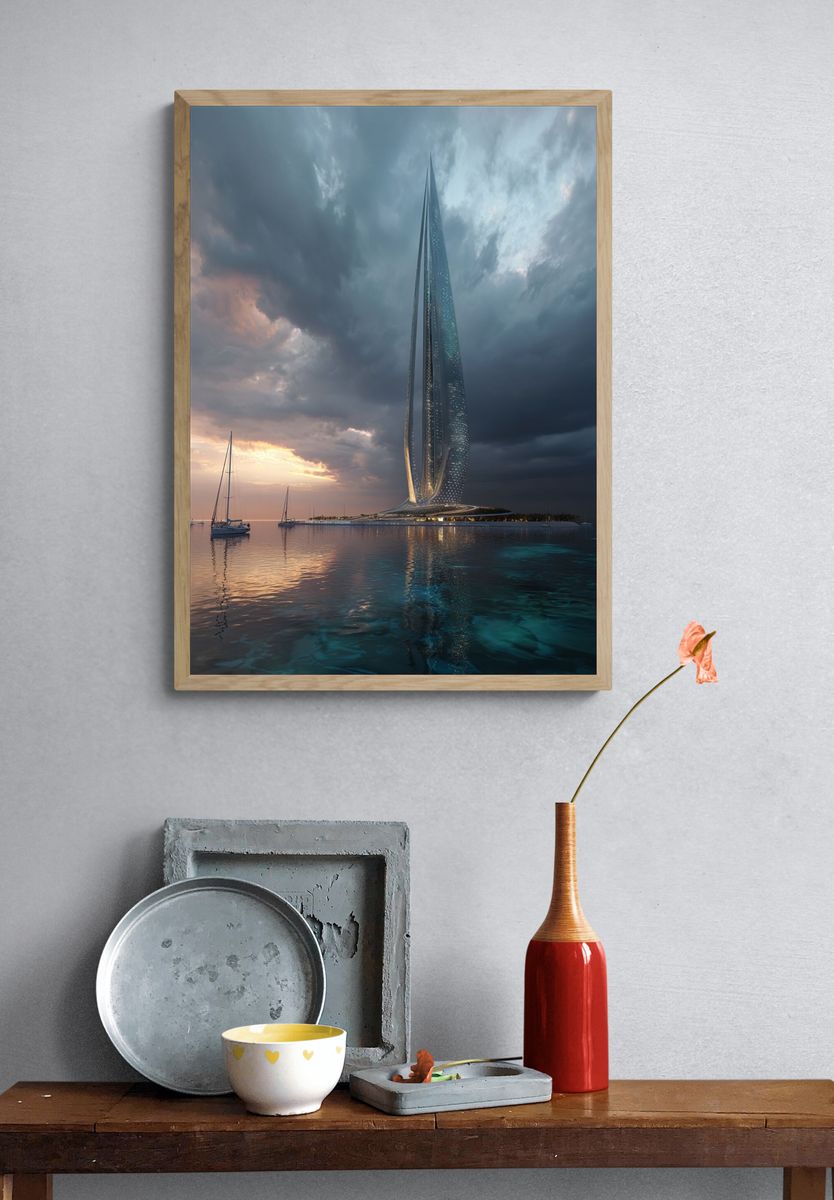 Futuristic Seaside Tower Photography Poster. — room view 3
