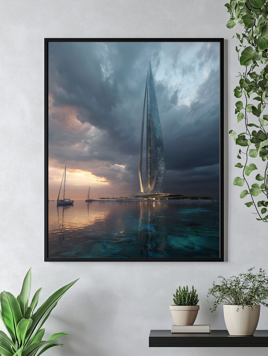 Futuristic Seaside Tower Photography Poster. — room view 4