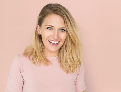Studio shot happy Caucasian woman. poster print