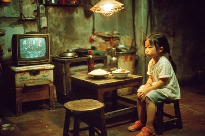Solitary Child in Dim Kitchen Poster. poster print