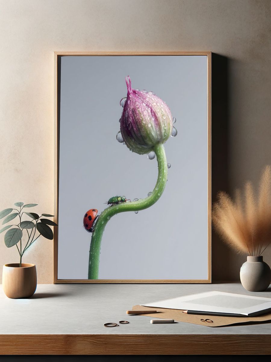 Ladybug on Flower Bud Photography Poster. — room view 2