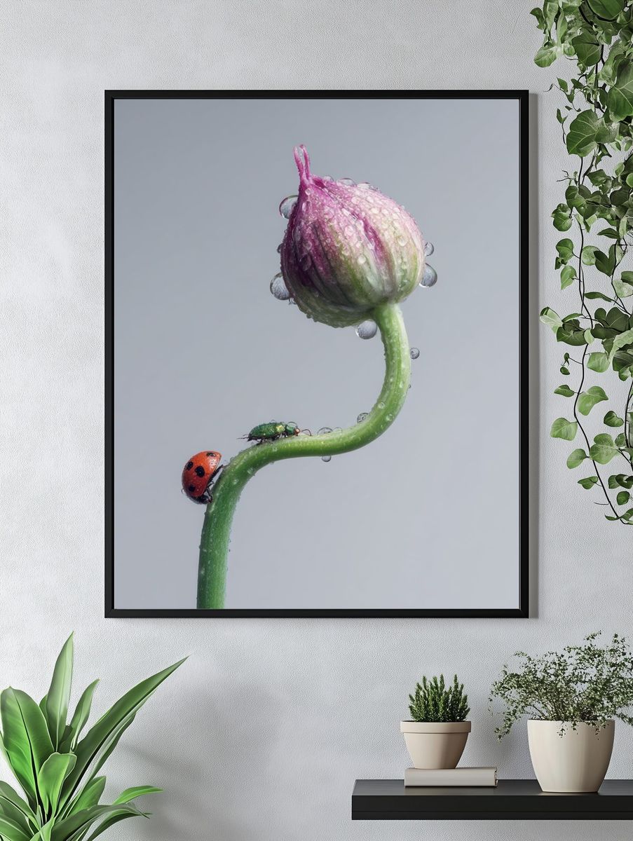 Ladybug on Flower Bud Photography Poster. — room view 4