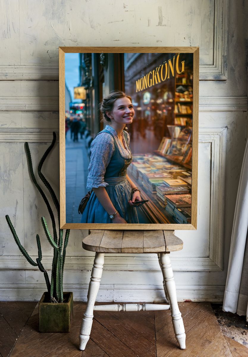 Smiling Woman in Bookshop Photography Poster. — room view 1