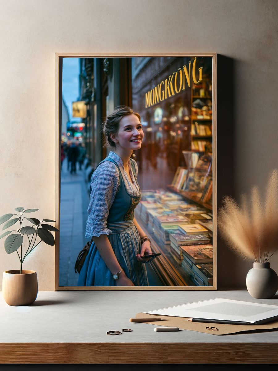 Smiling Woman in Bookshop Photography Poster. — room view 2