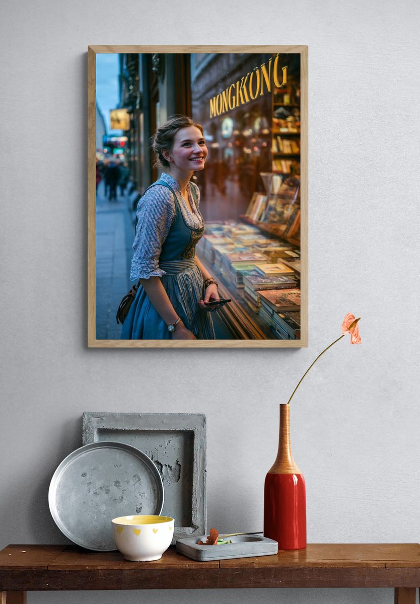 Smiling Woman in Bookshop Photography Poster. — room view 3