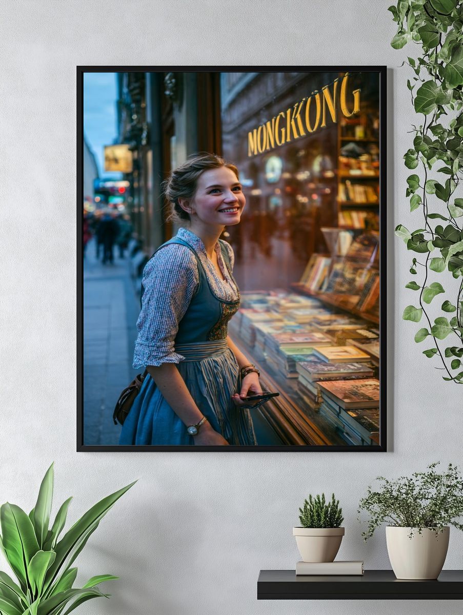 Smiling Woman in Bookshop Photography Poster. — room view 4