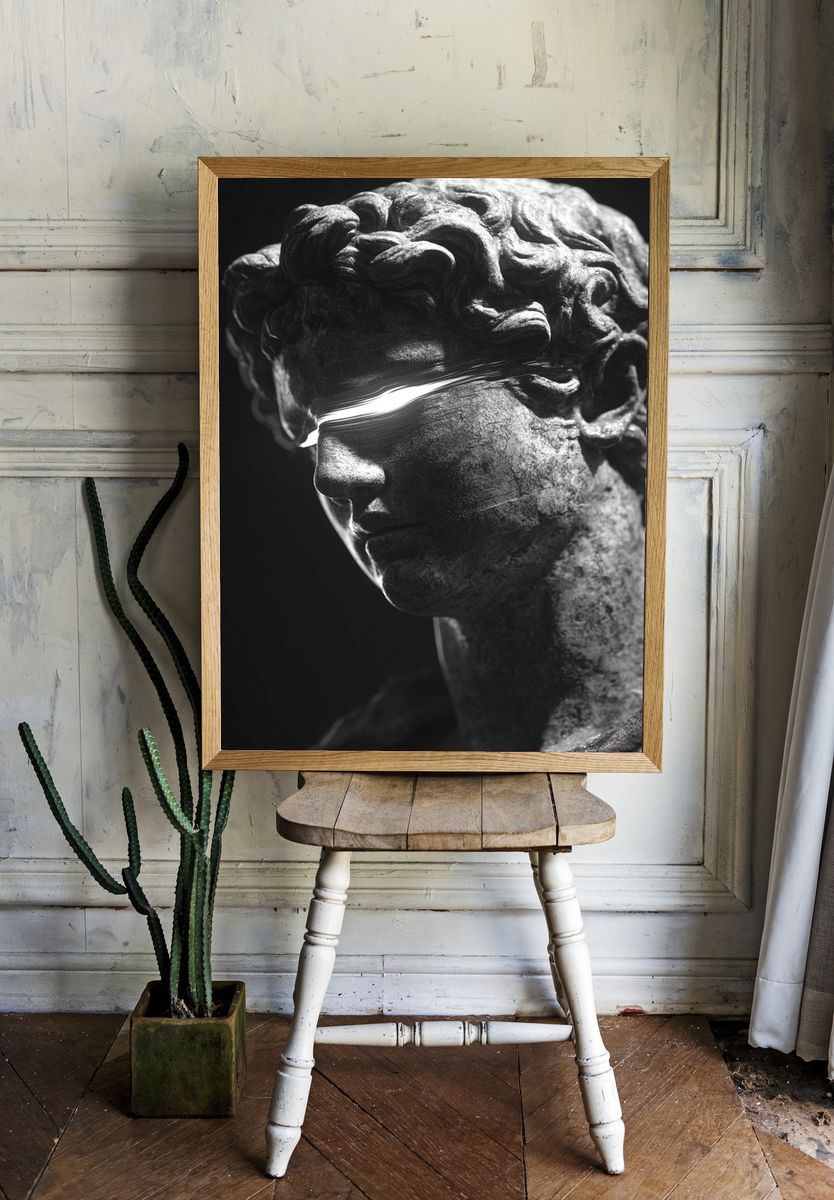 Blindfolded Marble Bust Black-White Print. — room view 1