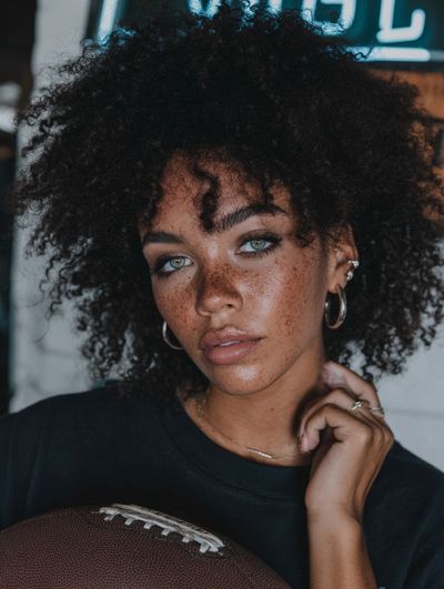 Freckled Portrait with Football Print. poster print