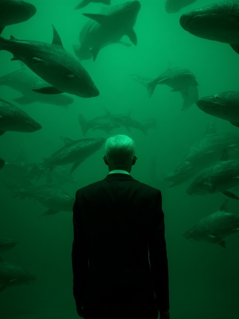 Man in Suit Among Fish — Photography Print. poster detail