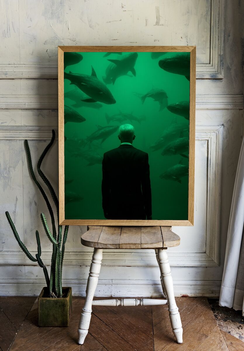 Man in Suit Among Fish — Photography Print. — room view 1