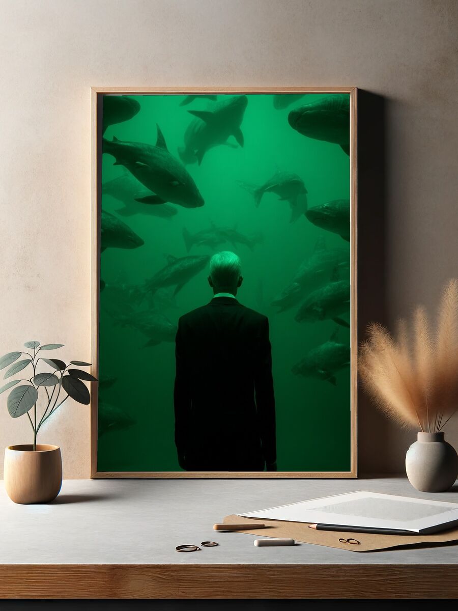 Man in Suit Among Fish — Photography Print. — room view 2