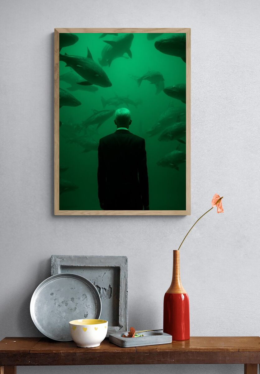Man in Suit Among Fish — Photography Print. — room view 3