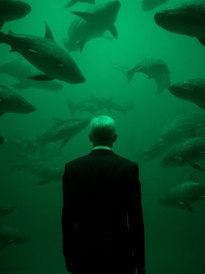 Man in Suit Among Fish