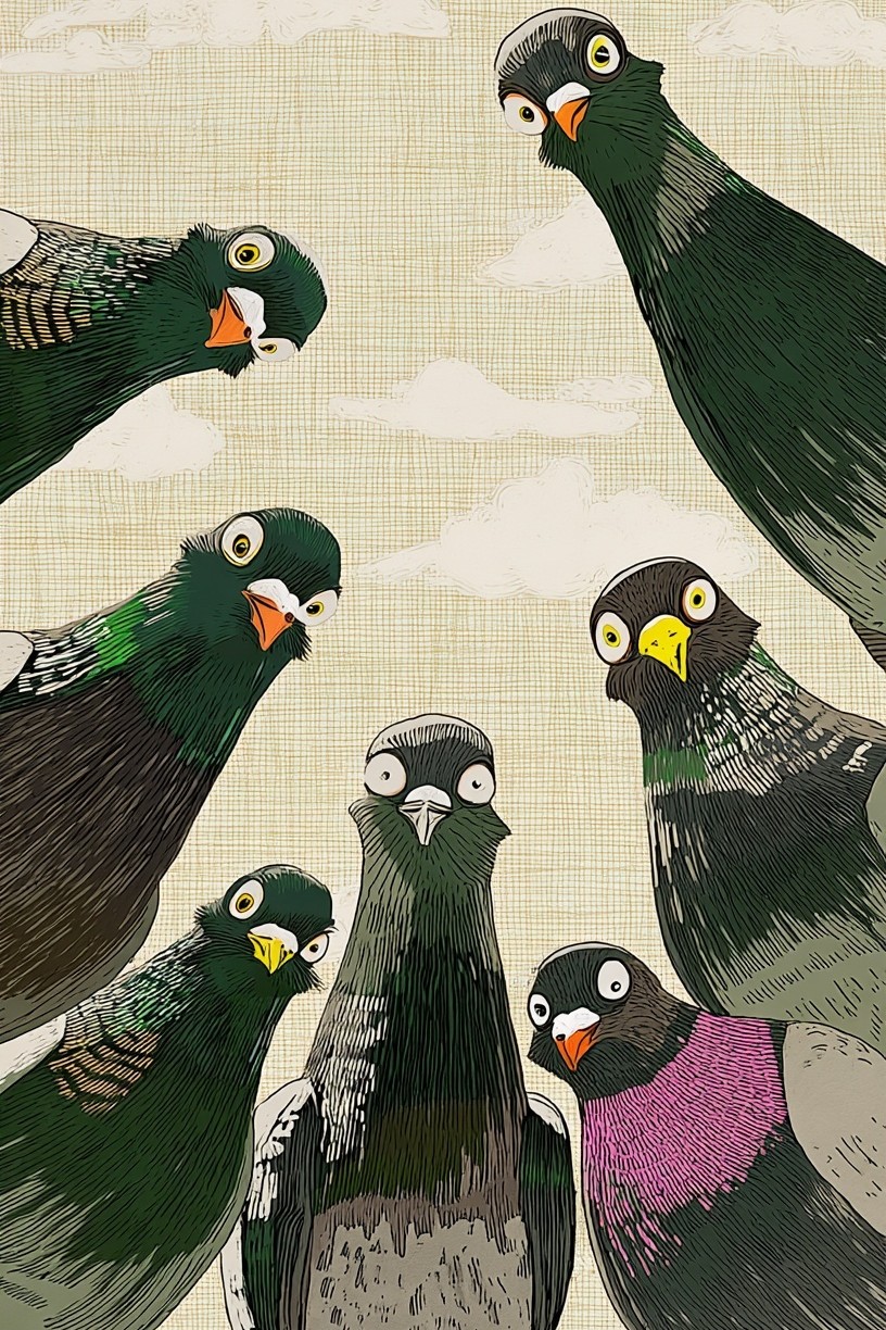 Curious Pigeons — Illustration Print. poster — illustration art