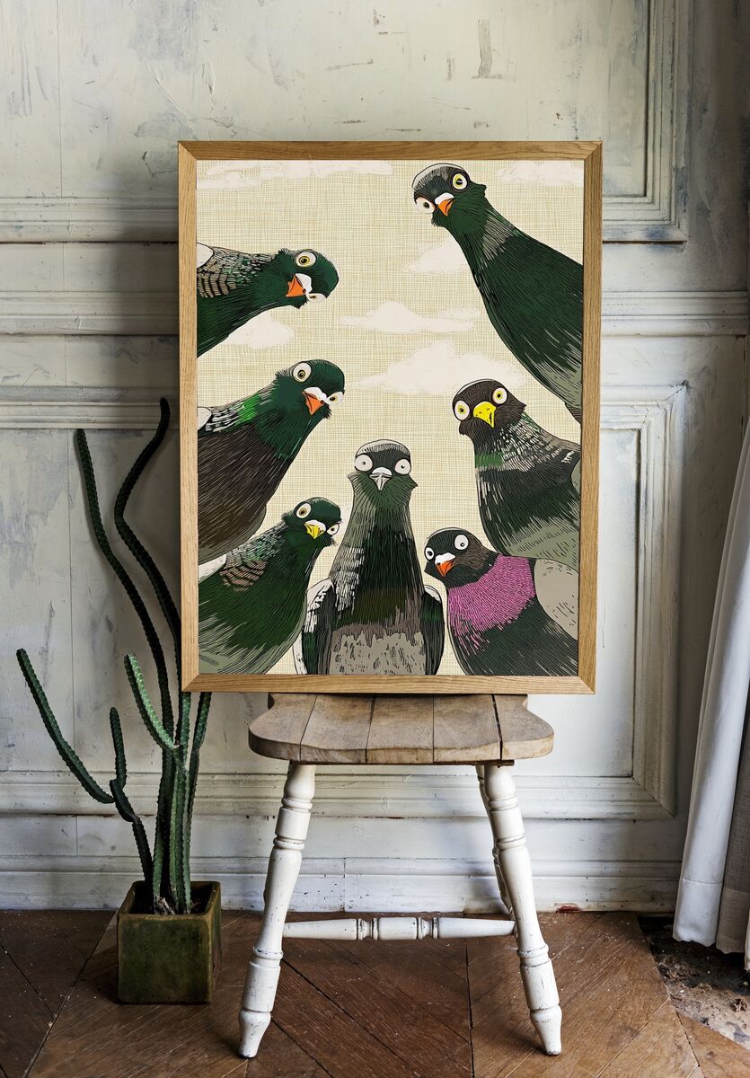 Curious Pigeons — Illustration Print. — room view 1