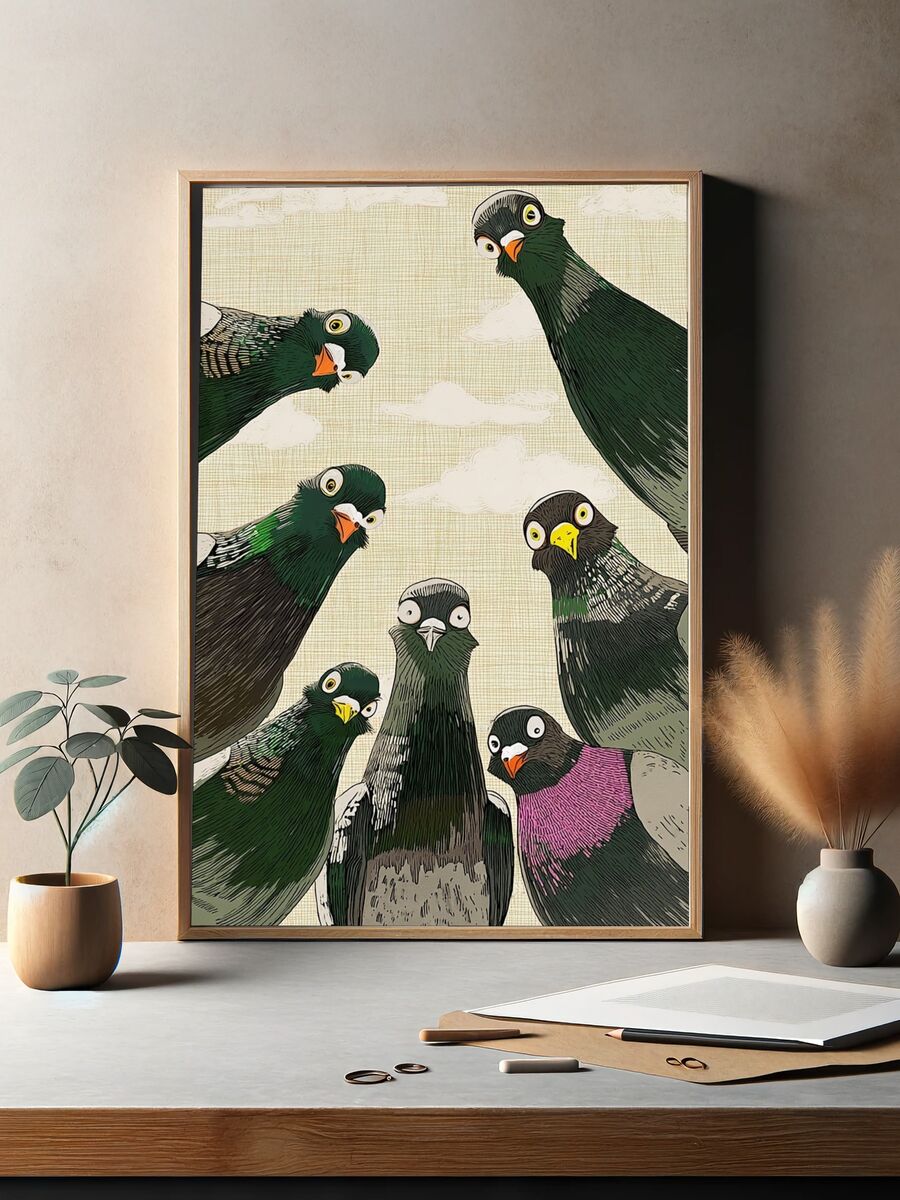 Curious Pigeons — Illustration Print. — room view 2