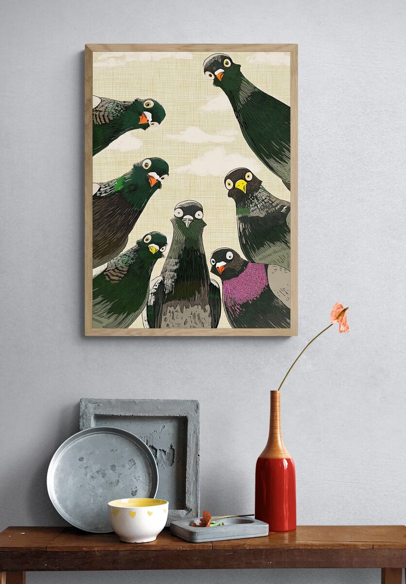 Curious Pigeons — Illustration Print. — room view 3