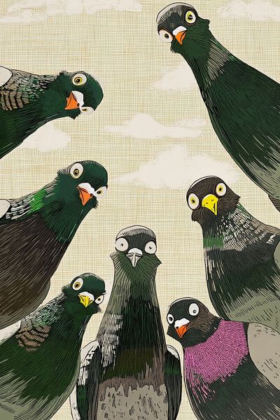 Curious Pigeons — Illustration Print. poster