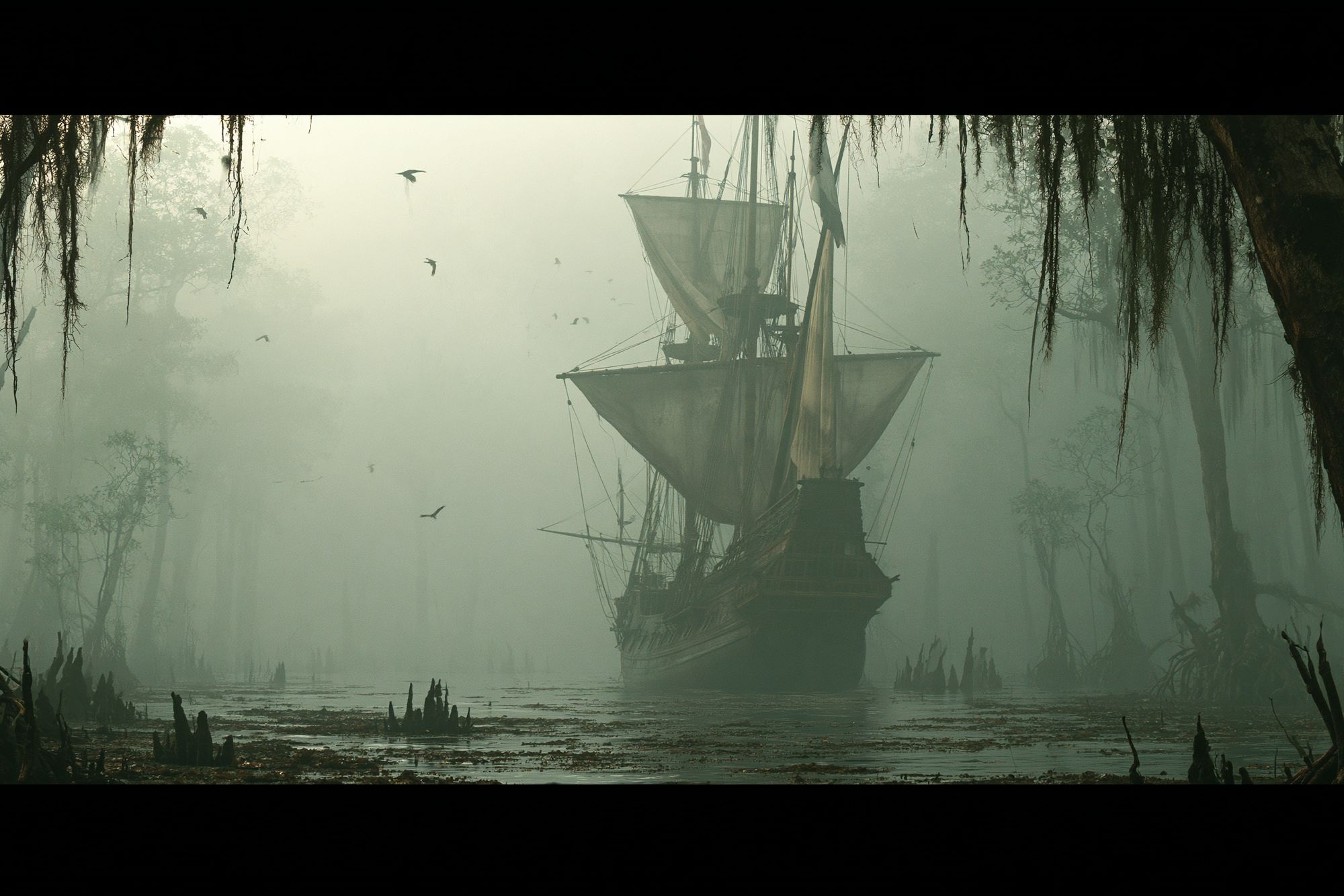 Misty Pirate Ship Swamp Print. poster — illustration art